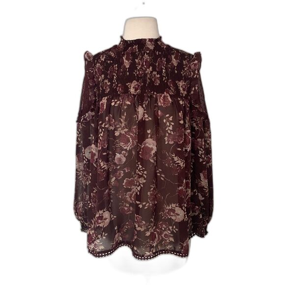 Taylor and Sage Printed Lace Illusion Dark Berry Bark Polyester Blouse Top Sz M - Picture 2 of 11